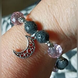 Pink Austrian Crystals & Black Lava Beads, Stainless Steel, fits 6-7.5" wrist,